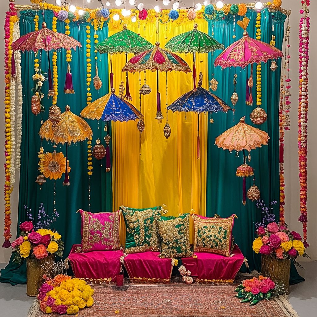 Colorful umbrellas adorn 
